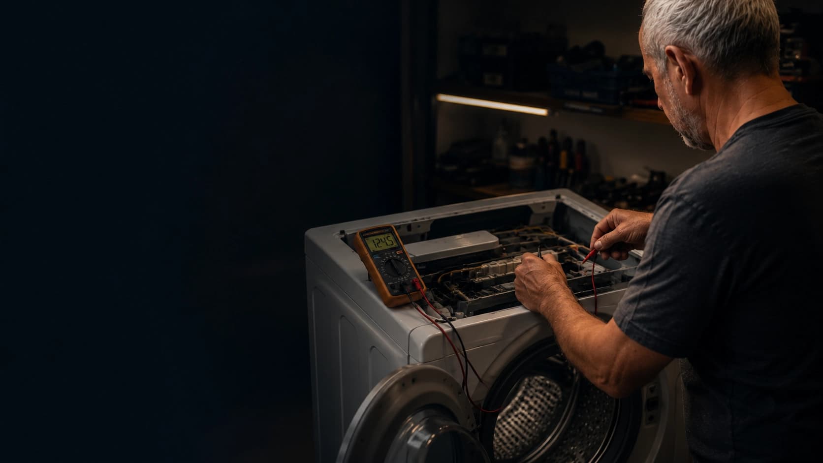 Técnico realizando conserto de máquina de lavar roupas